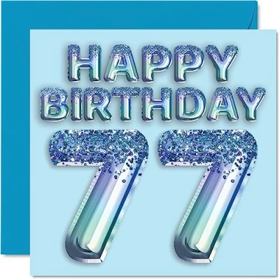 Abbildung von Geburtstagskarte zum 77. Geburtstag für Männer Blauer Glitzer Partyballon Happy Birthday Karten 77 Jahre alten Mann, Großvater, Vater, Oma, 145 mm x mm, Grußkarten,
