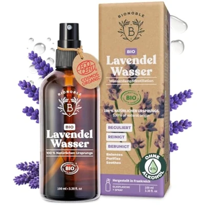 Abbildung von BIONOBLE Lavendelspray für Kopfkissen Ohne Alkohol, 100% Natürlichen Ursprungs, Dermatologisch Getestet Lavendelwasser Bio Haut, Raumspray Hydrolat in Glasflasche mit Zerstäuber 100ml