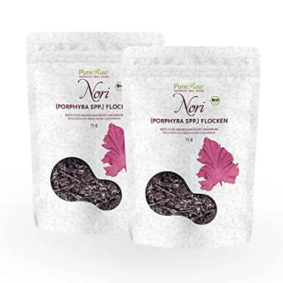 Abbildung von Nori Flocken Bio Rotalgen Getrocknet (Roh Vegan) Algen Umami Würze für Sushi, Miso Suppe, Dashi, Gerichte, Salzersatz Porphyra Purpurtang Organic Raw Seaweed Flakes PureRaw 30g (=2x 15g)