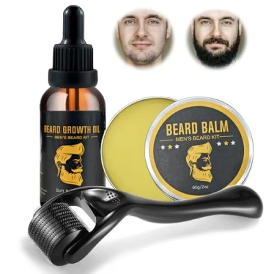 Abbildung von Bartwachstumsset mit Bartroller 0,25mm,30ml Bartöl für Männer,60g Bartbalsam Bartpflege Set, Haare Sie Bart und Haarwachstum Duft Bartpflege,Bart Nachwachsen