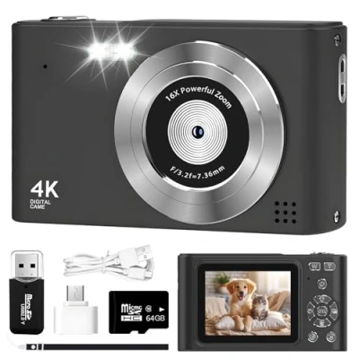 Abbildung von Digitalkamera,4K Autofokus Fotoapparat Fotokameramit 64G SD Karte 64MP,16X Digitalzoom with 2,7&quot; großem Bildschirm,Digitalzoom Tragbar Kompaktkamera (schwarz)