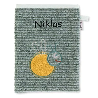 Abbildung von Sterntaler Kinder Baby Waschhandschuh mit Namen bestickt, Biene Ben Waschlappen personalisiert zur Geburt, Taufe oder als Geschenk zum Geburtstag Grün gestreift