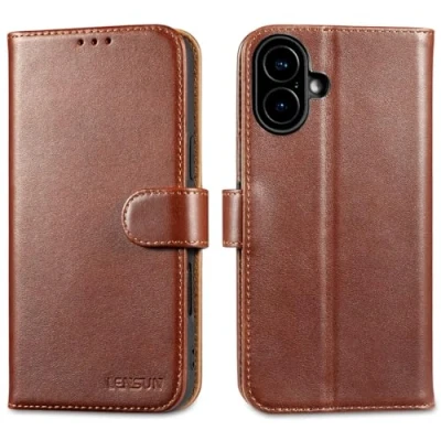 Abbildung von LENSUN Echtleder Hülle für iPhone 16 Plus, Handyhülle Echt Leder [Magnetverschluss][RFID Schutz] Handytasche Lederhülle Schutzhülle Plus 5G Dunkel Braun