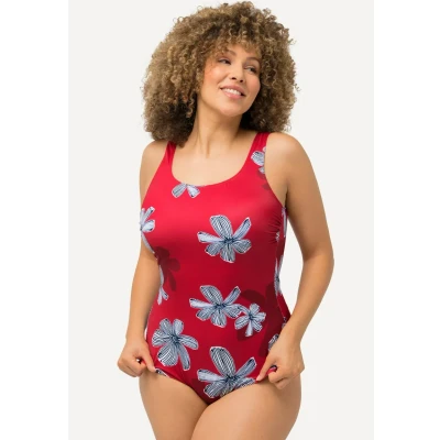 Abbildung von Ulla Popken BLÜTEN OHNE Softcups Raffung Badeanzug, Damen, Größe: 58/60, Salsa