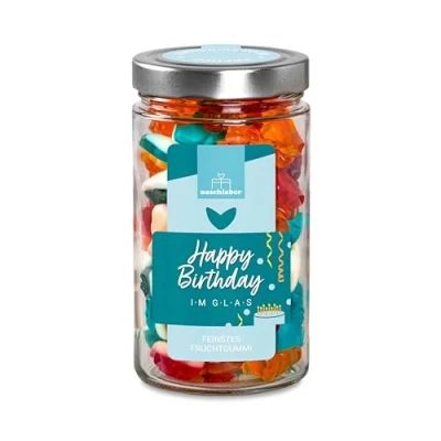 Abbildung von XL Happy Birthday Fruchtgummi in Geschenkglas 530g Das große Geburtstagsgeschenk Leckeres Geschenk zum Geburtstag im praktischen Vorratsglas