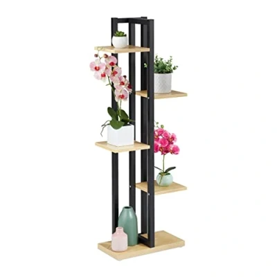 Abbildung von Relaxdays Pflanzenregal, Blumentreppe mit 5 Ablagen, HBT 117 x 43 22 cm, Stahl u. MDF, Blumenregal innen, Hellbraun