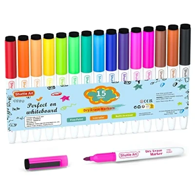 Abbildung von Shuttle Art Whiteboard Marker, 15 Farben Magnet Stifte (mit Radiergummi), abwischbar, Whiteboardstifte mit feiner Spitze, für Whiteboards, magnetischen Schreibtafeln, Spiegel geeignet