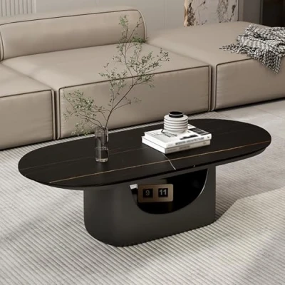 Abbildung von STCERY Moderner Couchtisch, Oval Kaffeetisch für Wohnzimmer, Mitteltisch, Beistelltisch Marmor Optik, Schlafzimmer, Möbel, Metallgestell(Black)