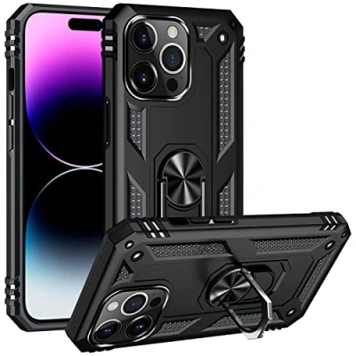 Abbildung von Verco Hybrid Armor Shiel Case für iPhone 14 Pro Max Hülle, extrem robust mit Magnet Fingerring Halter Handyhülle Panzerhülle, Schwarz