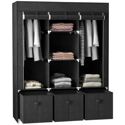 Abbildung von HOMCOM Stoffschrank Kleiderschrank mit Kleiderstangen und Schubladen (Faltbare Garderobe, 1 St., Faltschrank) Schwarz, 125 x 43 162,5 cm
