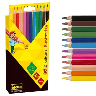 Abbildung von Idena 20135 Jumbo Buntstifte mit 5 mm dicker Mine in 12 Farben, Farbstifte aus FSC Holz ergonomischer Dreiecksform, verpackt im Kartonetui