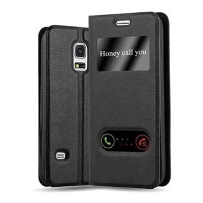 Abbildung von Cadorabo Hülle kompatibel mit Samsung Galaxy S5 Mini / DUOS Sichtfenster aus Kunst Leder Klappbare [Kartenfächern] Cover für Tasche in Schwarz
