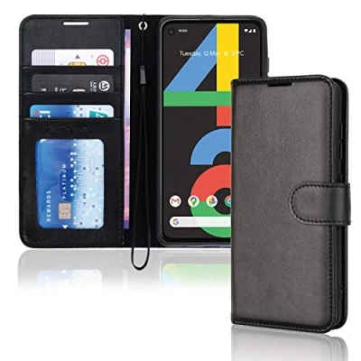Abbildung von TECHGEAR Leder Hülle Pixel 4a PU Flip Case Schutzhülle Ledertasche [Brieftasche] Handyhülle mit Ständer und Handschlaufe Beutel kompatibel Google Schwarz