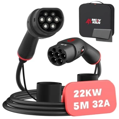 Abbildung von MCEVKELN Typ 2 Ladekabel 22kW für Elektroauto &amp; Hybrid Mode 3 E Auto 32A Phasig 5M EV Charger mit Handtasche, Schwarz