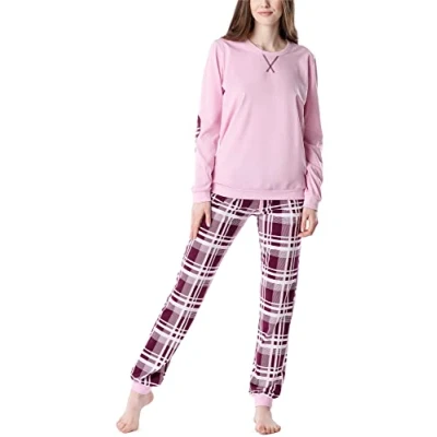 Abbildung von Merry Style Damen Lang Zweiteiliger Schlafanzug aus Baumwolle Pyjama Set Winter MS10 168 (Rosa Kariert, XXL)