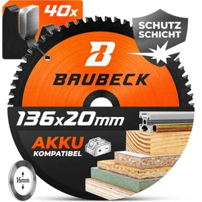 Abbildung von BAUBECK Akku Sägeblatt 136x20 inkl. 16mm Reduzierring Multi Material Feinschnitt Kreissägeblatt für Holz, Aluminium, Metall uvm.