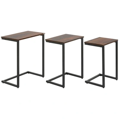 Abbildung von HOMCOM Beistelltisch Kaffeetische mit Stahlgestell im Industriedesign (Schreibtisch, 3 St., Couchtische), Rustikal Braun Spanplatte, Stahl