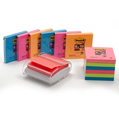 Abbildung von Post it Spender für den Schreibtisch in weiß/ transparent Super Sticky Z Notes, praktischer Helfer Büro und Schularbeiten mit 12 zusätzlichen Haftnotizblöcken