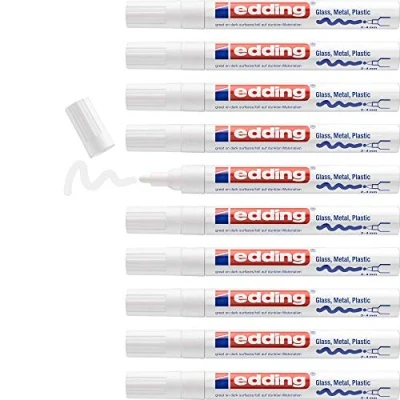 Abbildung von edding 750 Glanzlackmarker weiß 10 Lackmarker Rundspitze 2 4 mm Lackstift für Glas, Stein, Holz, Kunststoff und Papier wasserfest, stark deckend