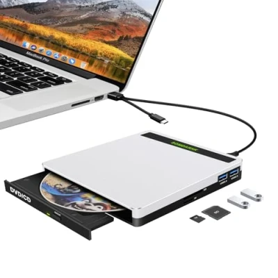 Abbildung von SOMDARHK Externes CD DVD Laufwerk Extern USB 3.0 Type C CD/DVD RW Brenner mit 2 &amp; SD/TF,Tragbar Optical Drive ROM für Laptop Windows 11 Mac MacBook Air Pro iMac PC