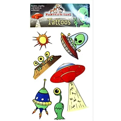 Abbildung von 6 Tattoos * Alien &amp; UFO als Mitgebsel zum Weltraum Kindergeburtstag Tattoo Kindertattoo Kinder Geburtstag Aufkleber Space Astronaut Weltall Ausserirdische