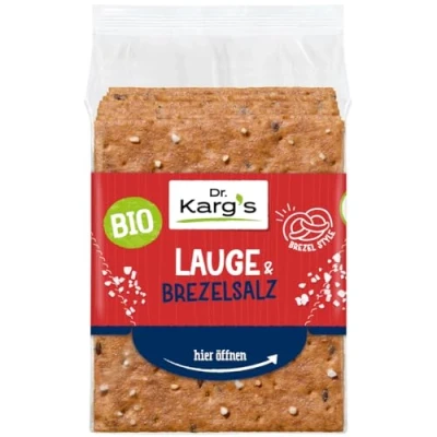 Abbildung von Dr. Karg’s BIO Knäckebrot Lauge &amp; Brezelsalz dünn knusprig, vegan, Brezel Style, mit grobem Brezelsalz, reich an Ballaststoffen, 100% Vollkorn natürlichen Zutaten, 10x200g