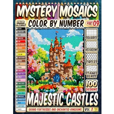 Abbildung von 100 Majestic Castles Mystery Mosaic Color by Number: Grand Fortresses and Enchanted Kingdoms in Squares, Hexagons, Stained Glass, Circles