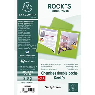 Abbildung von Exacompta 415003E 25er Pack Aktenmappen ROCKS mit 2 Innenfächern 220g für DIN A4 PEFC™ zertifizierte grün Präsentationsmappe Sammelmappe Dokumentenmappe