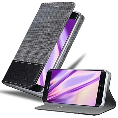 Abbildung von Cadorabo Hülle kompatibel mit Huawei Mate 9 PRO aus Premium Jeans und Kunst Leder Flip Klappbare Stoßfeste Magnetische [Standfunktion] [Kartenfächern] Cover für Tasche in Grau