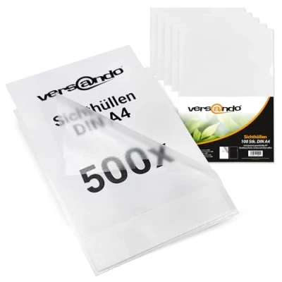 Abbildung von versando 500x A4 Sichthüllen Dokumentenhüllen Economy 90my PP transparent genarbt (5x 100 Stück)