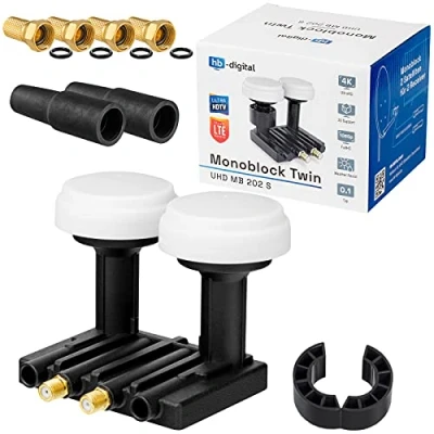 Abbildung von hb digital Monoblock Twin LNB UHD MB 202 S LNC für 2 Teilnehmer/Receiver Direkt &amp; Satelliten: Astra 19,2 Hotbird 13 Full HD TV 3D 4K Schwarz Black + 4X F Stecker vergoldet 2X Gummitüllen