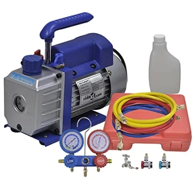 Abbildung von vidaXL Klimamesser Vakuumpumpe Einstufig mit 2 Wege Verteiler Manometer Set