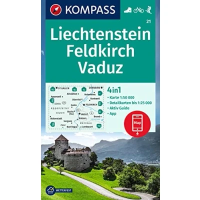 Abbildung von KOMPASS Wanderkarte 21 Liechtenstein, Feldkirch, Vaduz 1:50.000: 4in1 Wanderkarte, mit Aktiv Guide und Detailkarten inklusive Karte zur offline Verwendung in der App. Fahrradfahren. Skitouren.