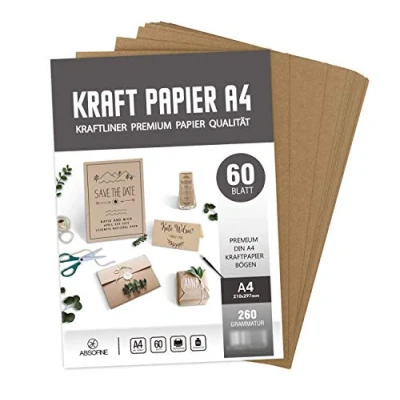 Abbildung von ABSOFINE 60 Blätter Kraftpapier DIN A4 Kraftkarton 260g/m² Qualität Naturkarton in Hochwertiger Kraftkarte Recycelt