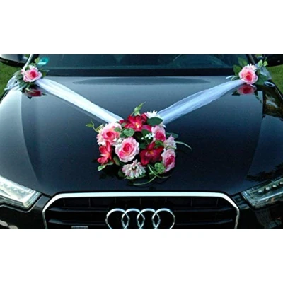 Abbildung von Autoschmuck Spitze STRAUß Auto Schmuck Braut Paar Rose Deko Dekoration Hochzeit Car Wedding PKW (SS GER Rosa)