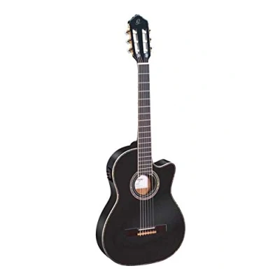 Abbildung von Ortega RCE145BK Konzertgitarre in 4/4 Größe Cutaway elektrifiziert schlanker 48mm Hals schwarz im hochglanz Finish mit hochwertigem Gigbag und Gurt