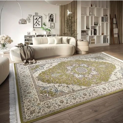 Abbildung von Villeroy &amp; Boch Kurzflor Teppich Etienne Orientalischer Wohnzimmerteppich Dicht gewebt mit Fransen Klassischer für Wohnzimmer, Schlafzimmer, Esszimmer, Flur Grün Creme, 128x190cm