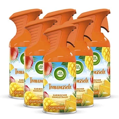Abbildung von Air Wick Traumziele Karibischer Mangotraum Fruchtig süßes Duftspray ohne feuchten Niederschlag Duft: Mango 6 x 250 ml