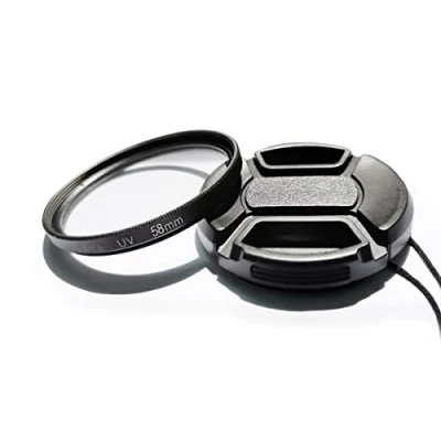 Abbildung von 58 mm mehrfach beschichteter UV Schutzfilter &amp; Objektivdeckel kompatibel für Canon T8i 200DII w/EF S 18 55 Objektiv, mit Fujif XF Objektiv (1+1 Pack)