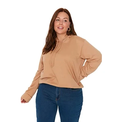 Abbildung von TRENDYOL Damen Kapuzen Sweatshirt, Einfarbig, Entspannt, Übergröße Camel, XXL EU