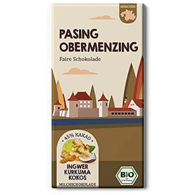 Abbildung von PASING OBERMENZING Fair Trade Bio Schokolade / Ingwer, Kurkuma und Kokos Tafel Chocolatier Edelmond