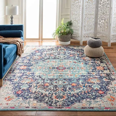 Abbildung von SAFAVIEH Boho Teppich für Wohnzimmer, Esszimmer, Schlafzimmer Madison Collection, Kurzer Flor, Schwarz und Blaugrün, 91 X 152 cm