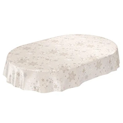 Abbildung von ANRO Wachstuchtischdecke Wachstuch Wachstischdecke Tischdecke Weihnachten Schneeflocken Beige Oval 200x140cm eingefasst