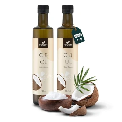 Abbildung von FOODIN MCT Öl C8, 1000ml Kokosöl, am besten für ketogene Ernährung, Ketone zum Trinken, 3x mehr (100% C8), Kokosöl flüssig und geschmacksneutral (2x500ml)