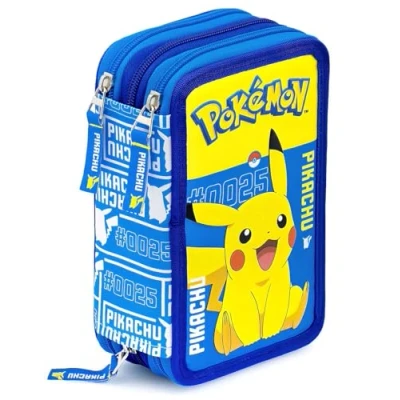 Abbildung von Clondo Dreifach Fefülltes Federmäppchen für Kinder, Pokemon Fans, Mädchen, Jungen, 45 Schulutensilien, 3 Reißverschlüsse, organisierte Fächer, Buntstifte, Filzstifte, Kleber, Schere