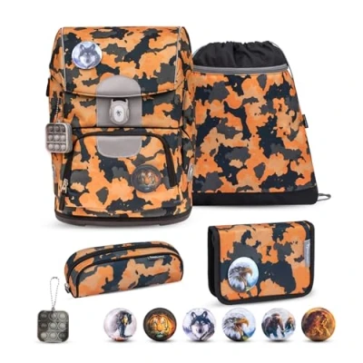 Abbildung von Belmil Motion Schulranzen Set 5 teilig Orange Camouflage mit Brustgurt, Hüftgurt, Magnetverschluss, Patch 6 Stück