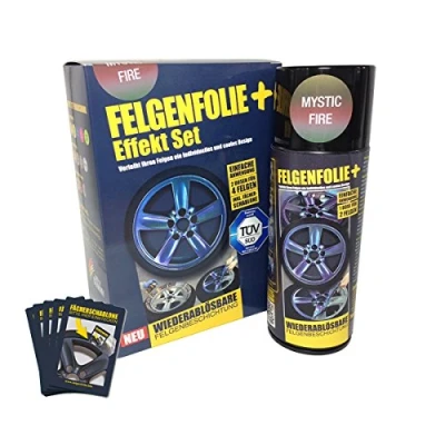 Abbildung von mibenco 71000006 FELGENFOLIE+ Effekt Set, 2 x 400 ml, Mystic Fire Flüssiggummi Spray / Sprühfolie Neue Chamäleon Flip Flop Farbe und Schutz zum Felgen lackieren