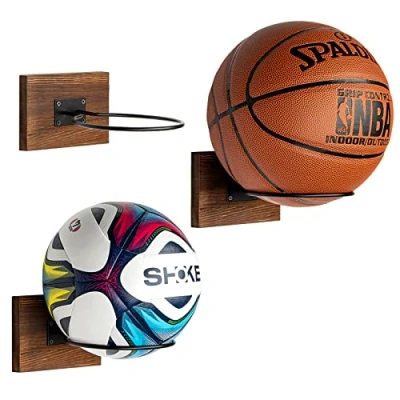 Abbildung von PUERSI Ball Halterung Holz Wand Ballhalter Basketballhalter Wandhalterung 3er Set, Wandmontage Wandhalter für Basketball Fußball Volleyball, Rustikales Braun