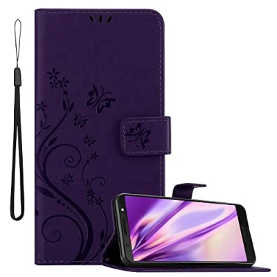 Abbildung von Cadorabo Hülle kompatibel mit Motorola Moto G6 Plus Blumen Design aus Kunst Leder Flip Klappbare Magnetische [Standfunktion] [Kartenfächern] Cover für Tasche in Lila