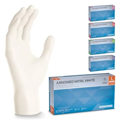 Abbildung von 500 Stück ARNOMED Einweghandschuhe Weiß, Einmalhandschuhe L, Nitril Handschuhe Einweg, Nitrilhandschuhe puder /latexfrei, Gummihandschuhe Schutzhandschuhe, XS, S, M, XL